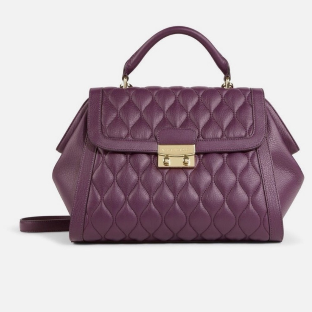 Vera Bradley Quilted Leather Stella Satchel in Aubergine with gold-tone hardware
